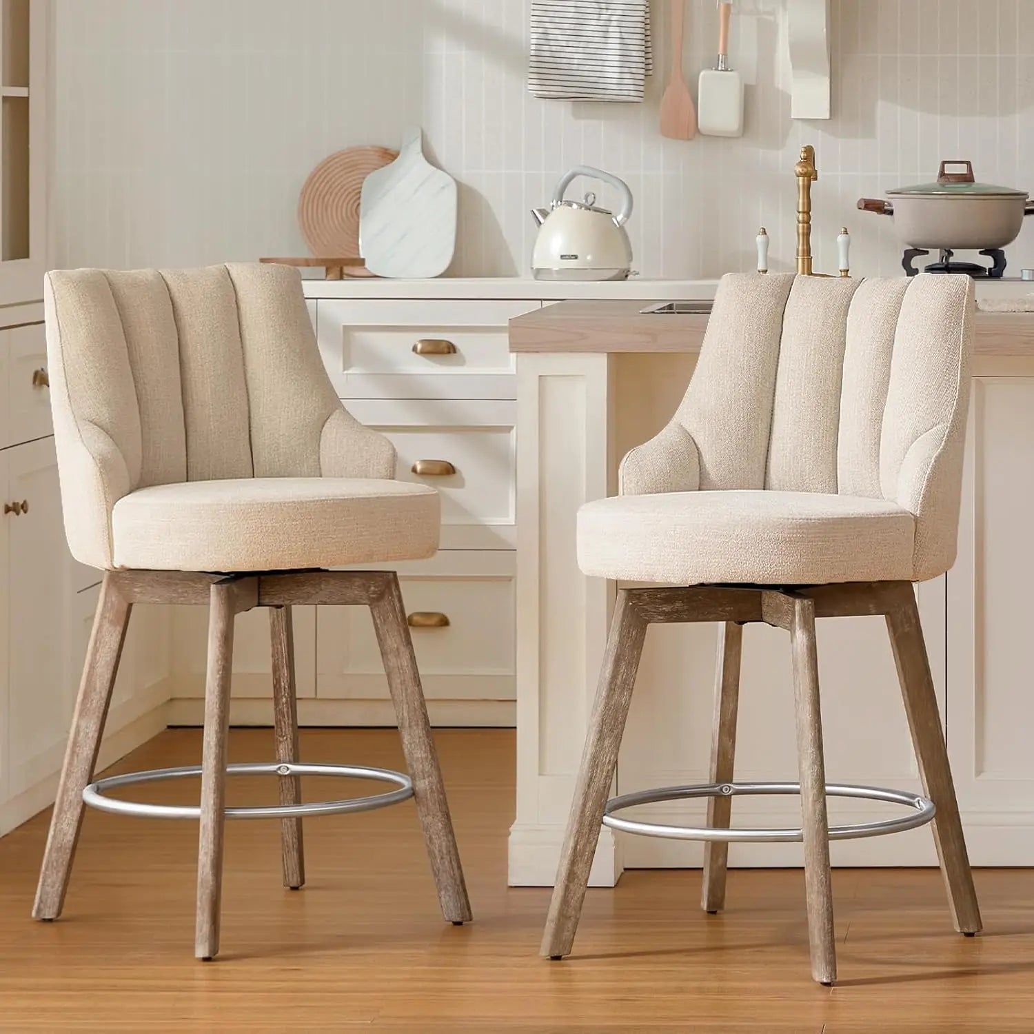 Swivel Counter Height Bar Stools,Barstools with Backs,Sand-Colored Bar Stools Set of 2,26'' Solid Wood Legs, Customized