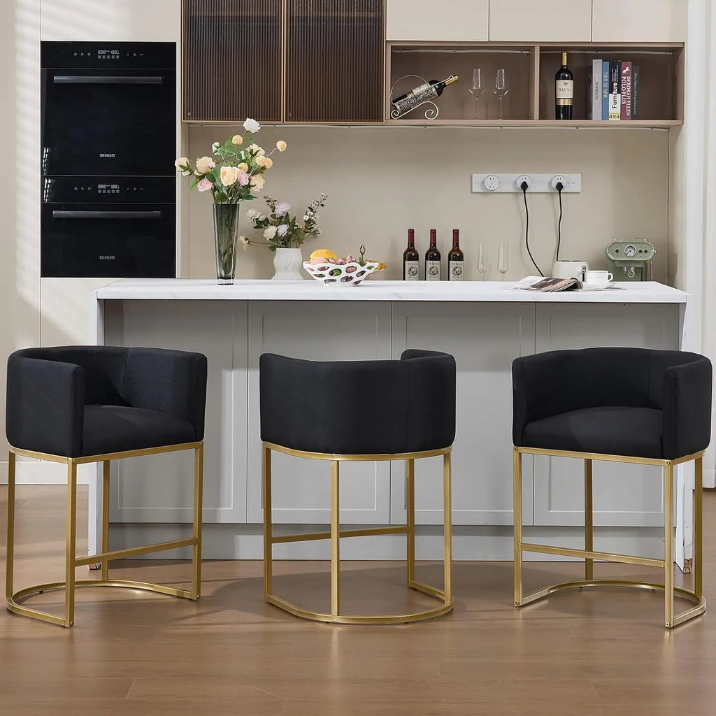 25in Counter Height Bar Stools Set of 3 with Backrest Metal Frame Linen Upholstered Kitchen Island Cafe Beige, Customized