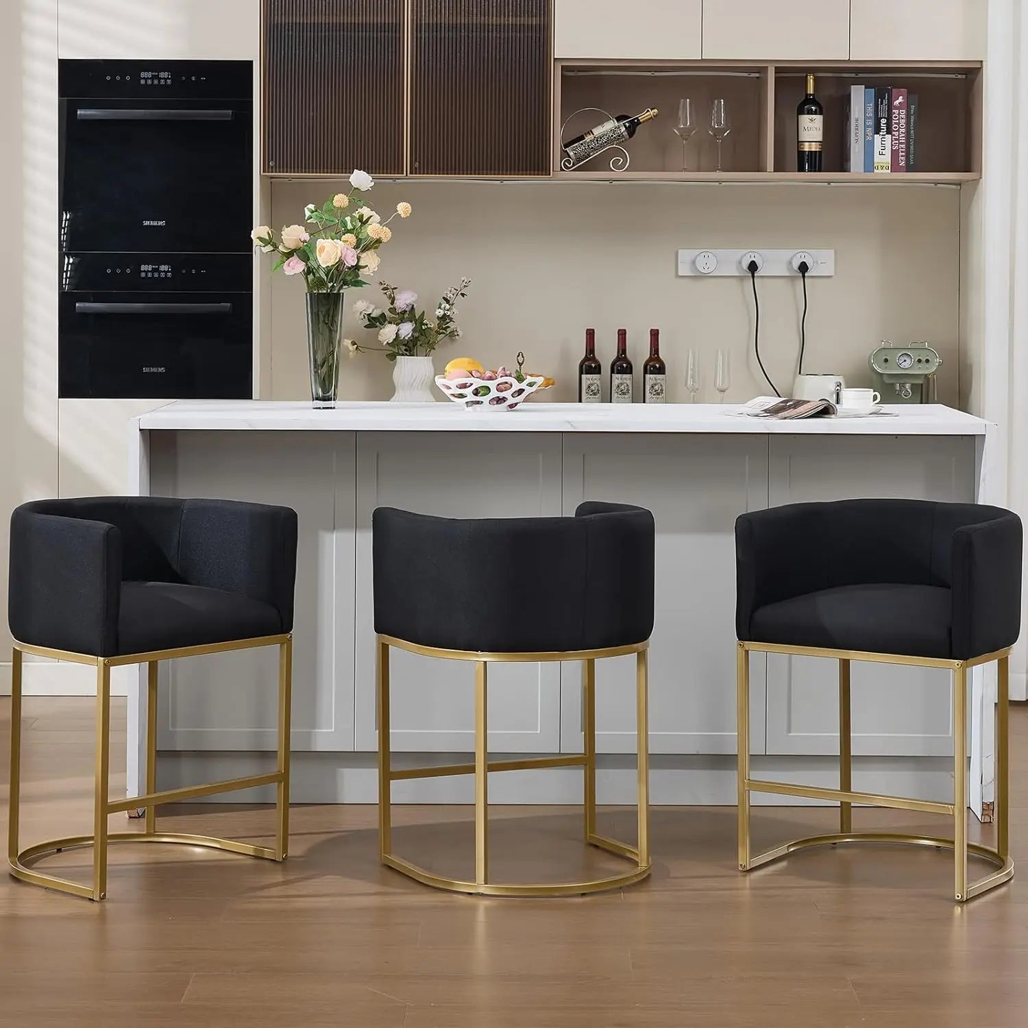 25in Counter Height Bar Stools Set of 3 with Backrest Metal Frame Linen Upholstered Kitchen Island Cafe Beige, Customized