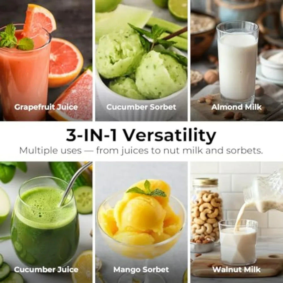 3-in-1 Cold Press Juicer with 6.5 Extra Large Chute 100oz Large Ccity AC Motor Makes Juice Nut Milk Sorbet Bright White