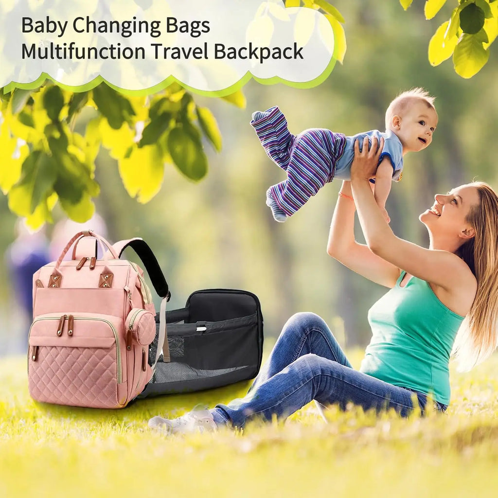 3 In 1 Waterproof Diaper Backpack With Foldable Changing Pad Large Capacity Mommy Nappy Bag Stroller Hanging Organizer Portable Outdoor Camping Hiking Road Trip Travel Baby Essentials Storage Backpack Peach Pink
