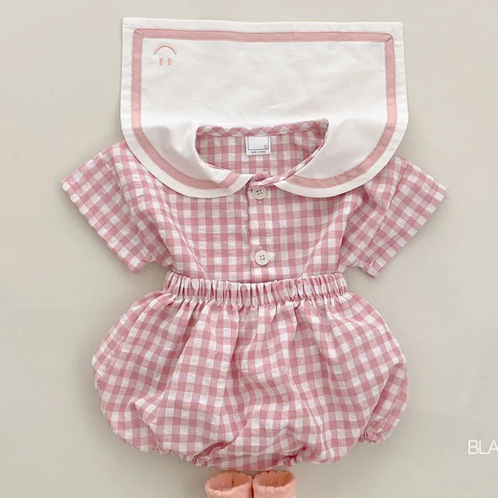 Infants and Toddlers Refreshing Plaid Academy Style Short-Sleeved Bread Pants Set, Newborn Summer Lapel Set