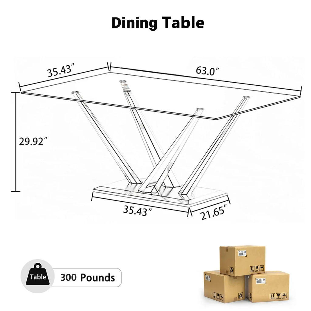 63'' Rectangular Glass Dining Table for 4-6, Luxury Kitchen Table with Tempered Glass and Aesthetic Silver, Customized
