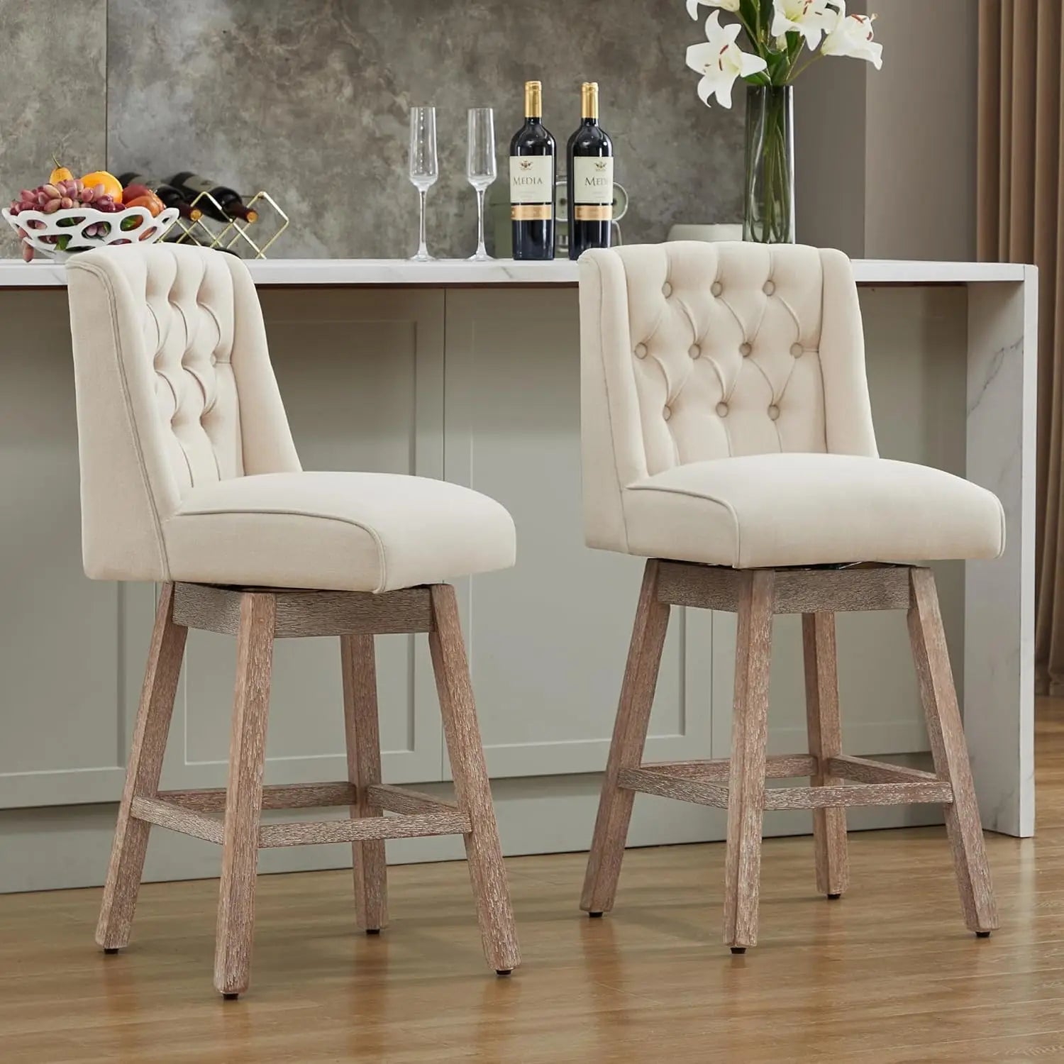 26" Swivel Bar Stools Set of 4, Counter Height Barstools with Back, Linen Fabric Upholstered Bar Stools, Customized