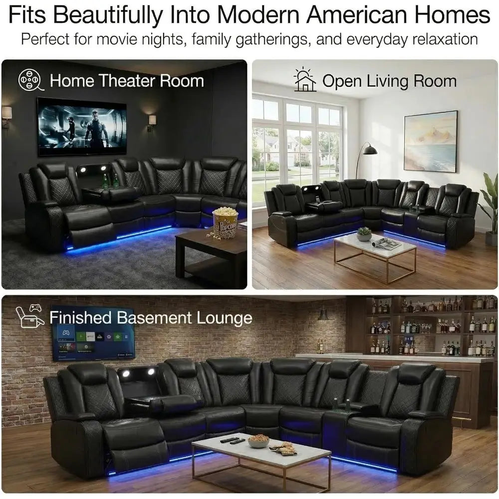 6-Seater Black Curved Leather Sectional Sofa Set with LED Lights, Cup Holders & Storage for Home Theater