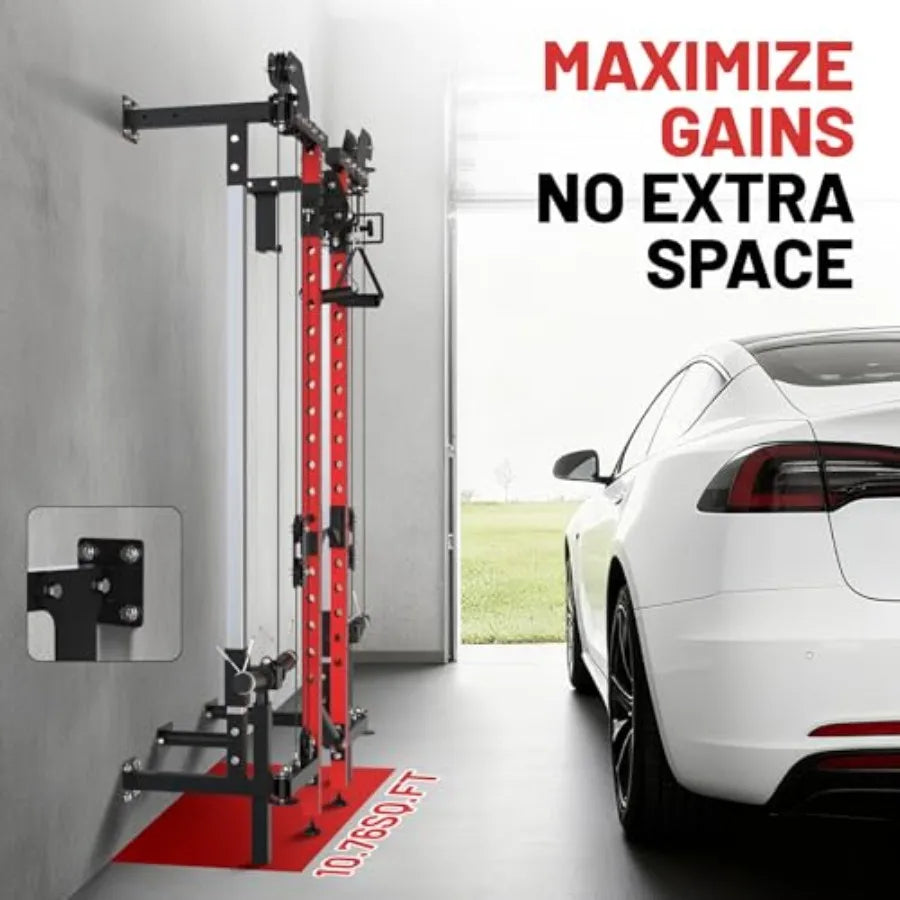 Wall Mounted Folding Squat Rack with Pulley System Pull Up Bar Red Compact Fitness Equipment for Small Spaces Garage rtment 5 A