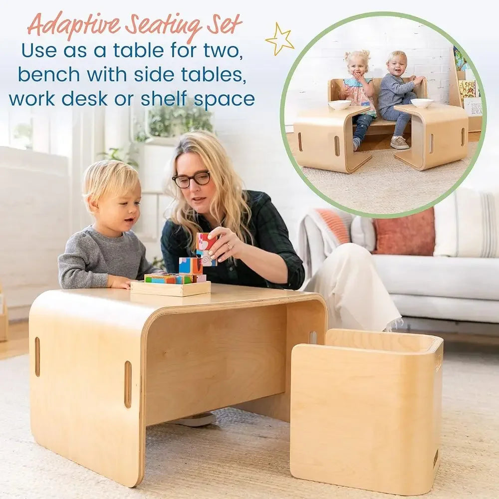 Premium Bentwood Multipose Table and Chair Set, Kids urniture, Natural, 3-Piece