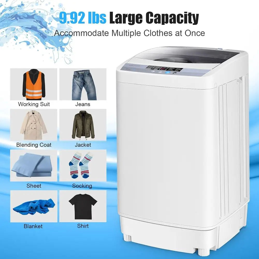 Compact 12-lb Capacity Full-Auto Washer with 10 Programs, LED Display, 8 Water Levels, Laundry Combo for Home, Apartment, Dorm,