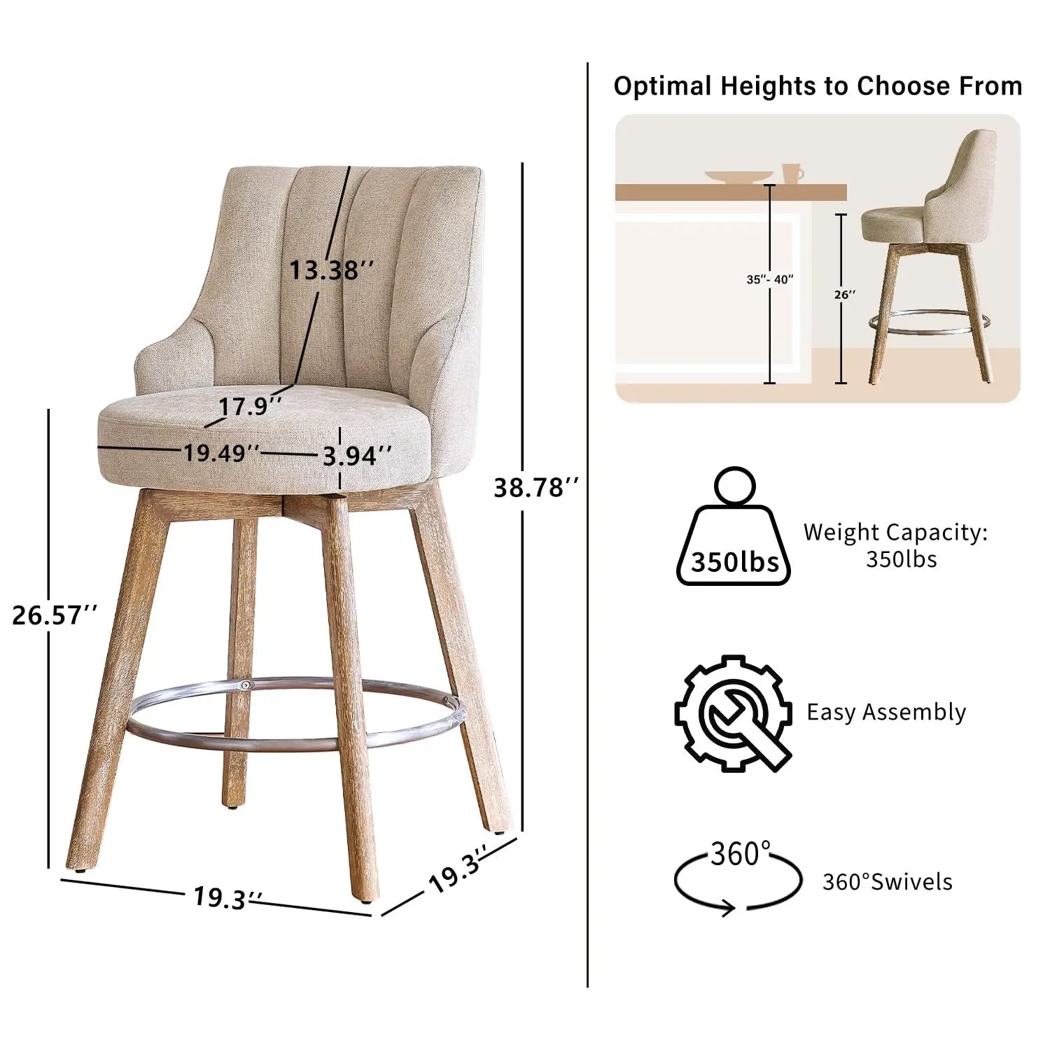 Swivel Counter Height Bar Stools,Barstools with Backs,Sand-Colored Bar Stools Set of 2,26'' Solid Wood Legs, Customized