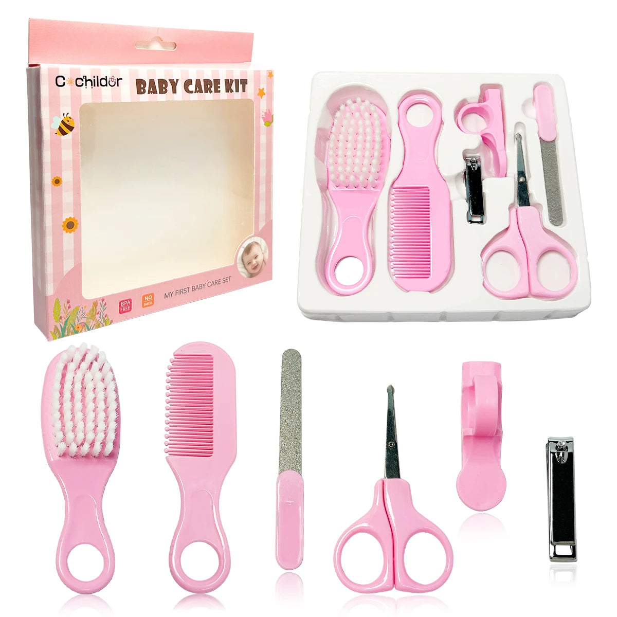 Baby Hygiene Care Set 6Pcs, Hair Tools & Nail Clipper, Plastic Grooming Kit, Great Gift for Kids