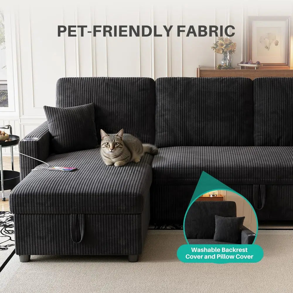 Sectional Sofa, 83 Convertible Sofa Bed with Pull Out Couches, Small Desktop, L Shaped Couch with Reversible Chaise, Cup Holder