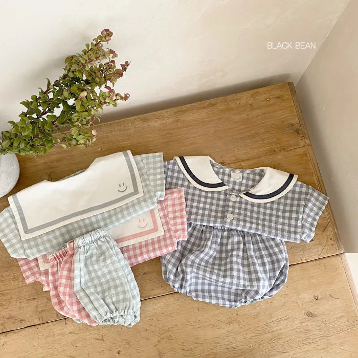 Infants and Toddlers Refreshing Plaid Academy Style Short-Sleeved Bread Pants Set, Newborn Summer Lapel Set