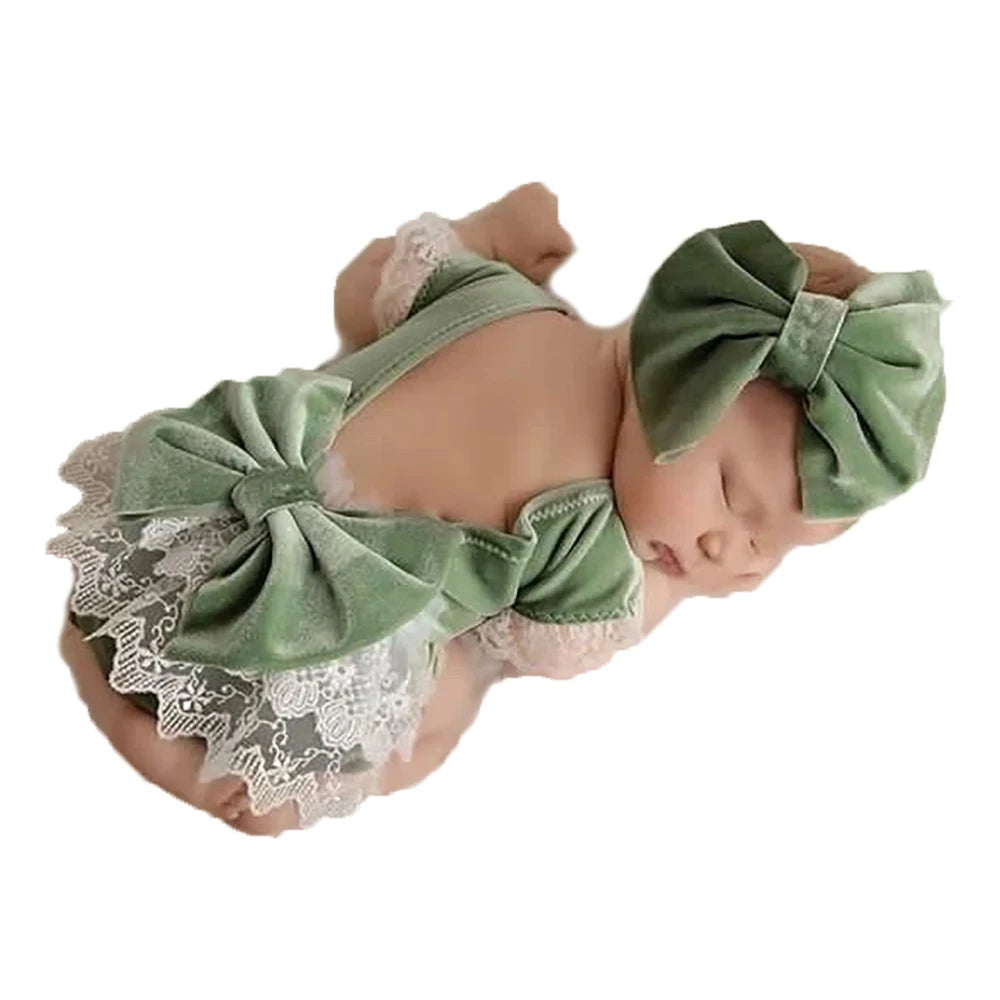 Christmas Velvet Newborn Romper Set Sage Green Baby Photo Outfit Infant Photography Prop Holiday Photoshoot Gift