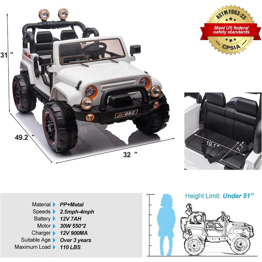 2 Seater Ride On Truck and Car Cover 12V 's Electric Car with Parental Remote Control Music Bluetooth MP3 Player LED Lights Spr