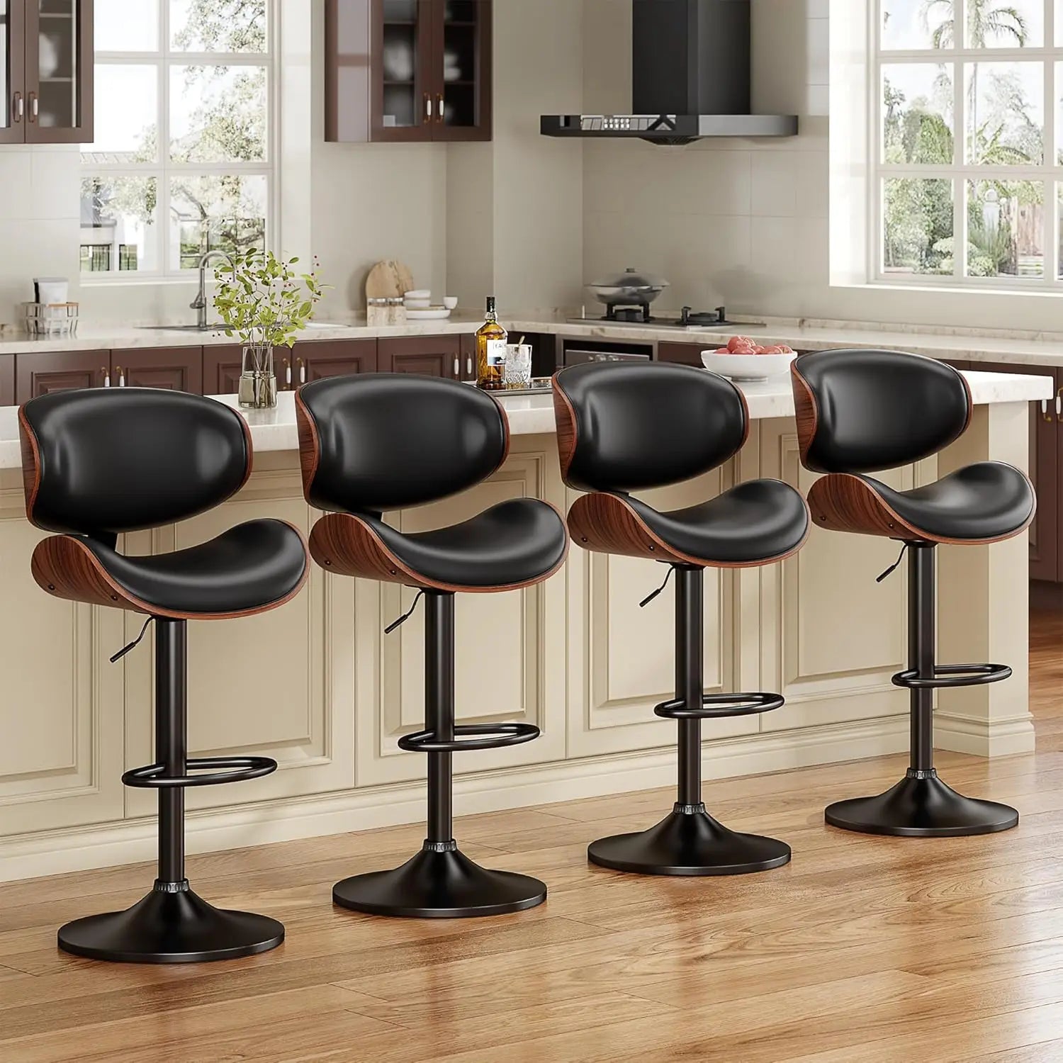 Adjustable Height Swivel Bar Stool PU Leather Upholstered with Back Footrest for Bar Kitchen Dining Room Set of 3, Customized