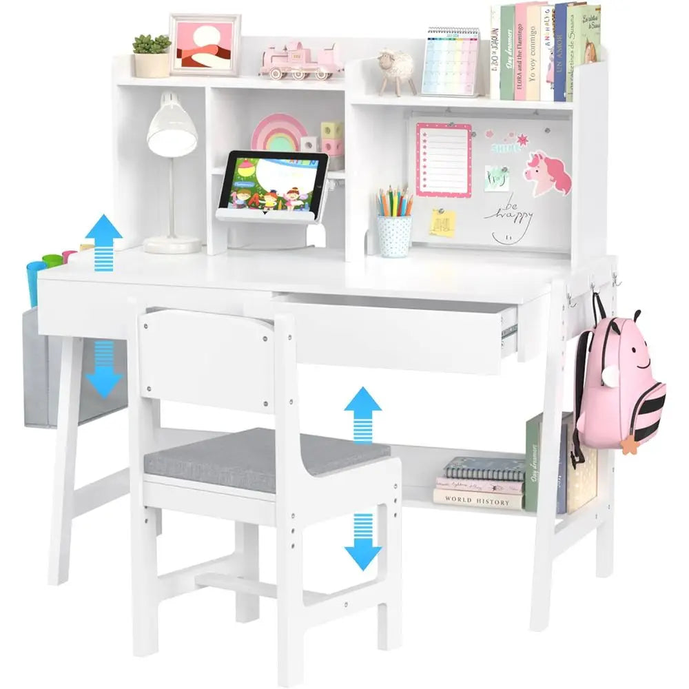 Kids Study Desk and Chair Set, Adjustable Children Study Table with Chair, Kids Wooden Desk with Hutch, Ders, Book Stand, Whiteb
