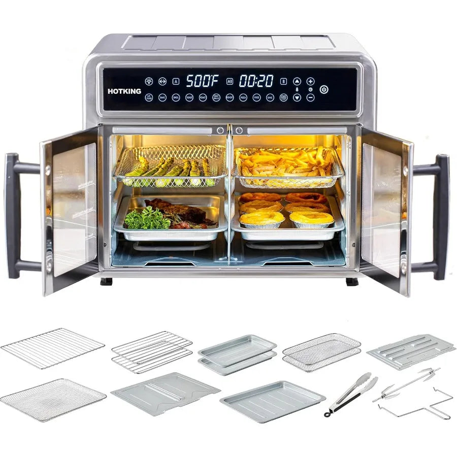 Dual-Zone Air Fryer Toaster Oven Combo 28 QT Extra Large Non Toxic Stainless Steel Convection Oven with French Door Countertop
