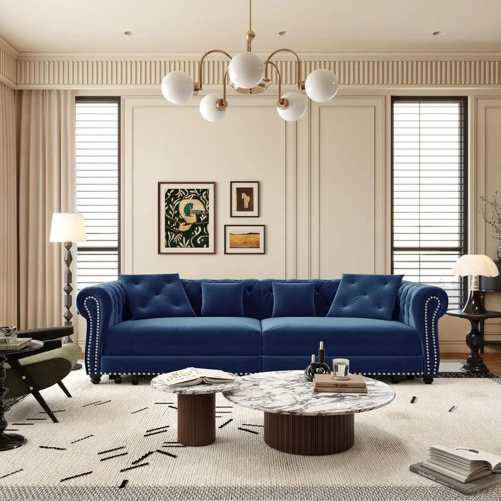 King Size 3-in-1 Convertible Sleeper Sofa with Ottoman, Button-Tufted Chesterfield Style, Ideal for Small Spaces, Blue