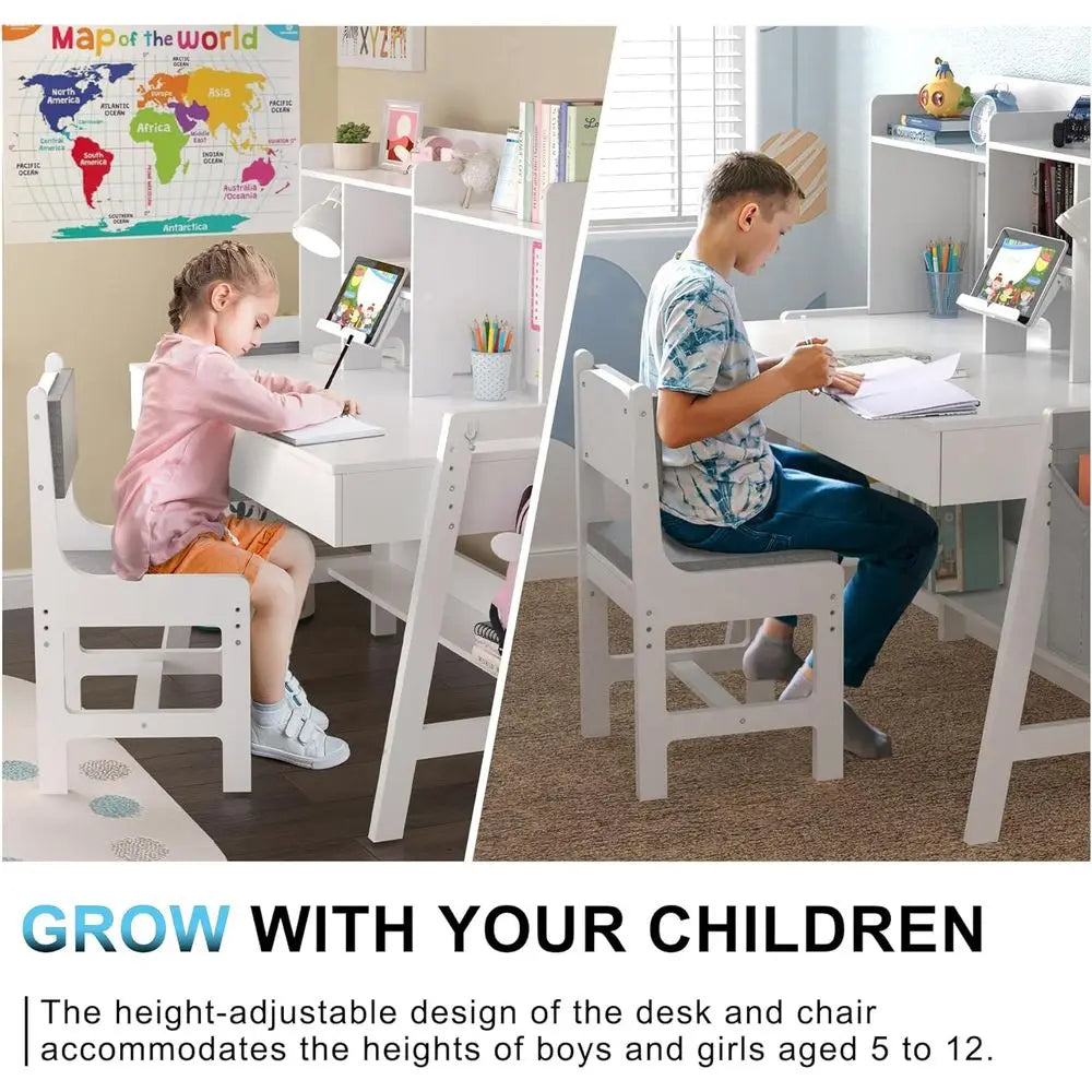 Kids Study Desk and Chair Set, Adjustable Children Study Table with Chair, Kids Wooden Desk with Hutch, Ders, Book Stand, Whiteb