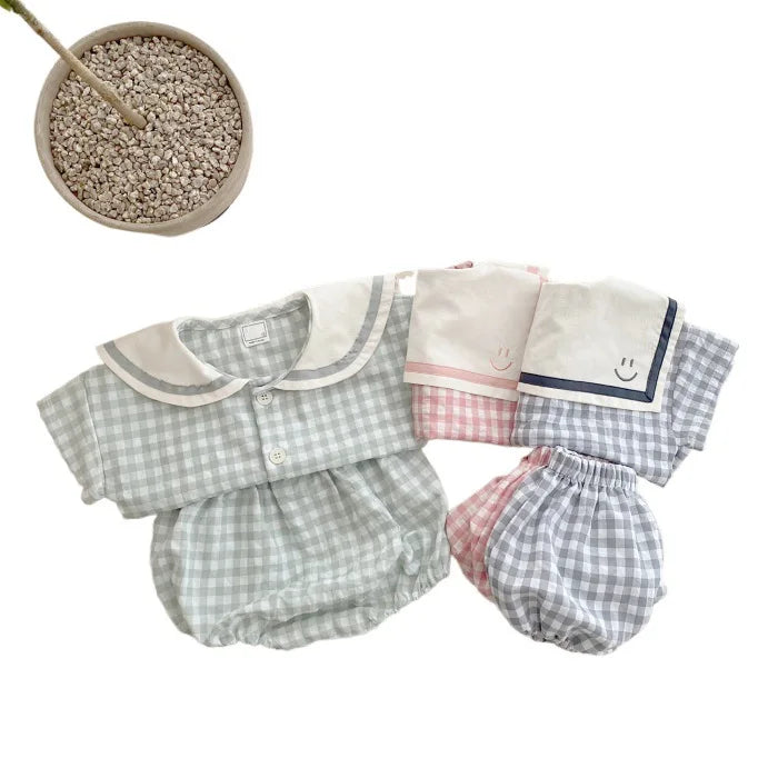 Infants and Toddlers Refreshing Plaid Academy Style Short-Sleeved Bread Pants Set, Newborn Summer Lapel Set