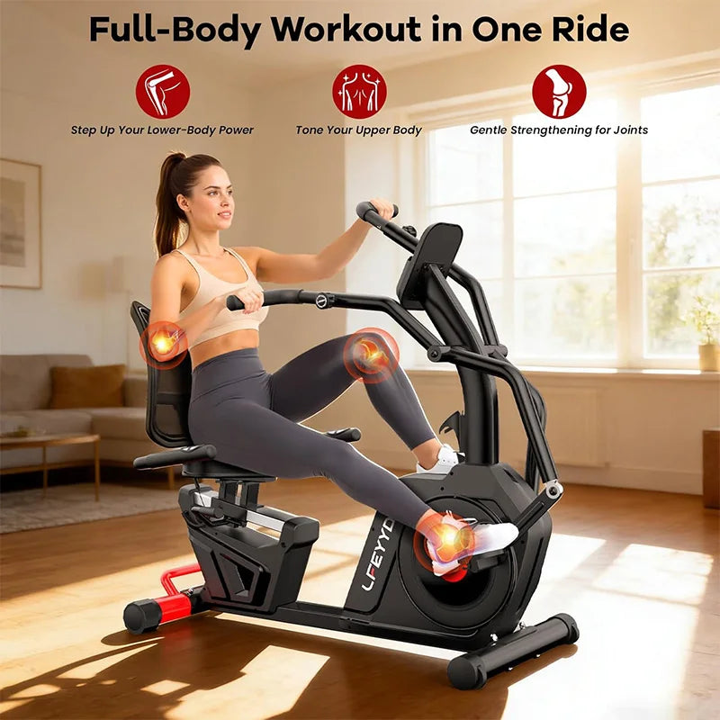 Pooboo Recumbent Exercise Bike for Home, Stationary Bike with Arm Exerciser, 16-Level Magnetic Resistance, Bluetooth App, LCD Monitor, 450LBS Capacity, Heart Rate, Heavy-Duty Frame, Low-Impact Cardio&Physical Therapy