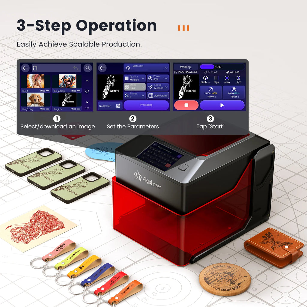 Algolaser 10W Laser Printer Set, equipped with 3.5-inch smart screen. Ideal for photo printing and DIY creations, works on wood