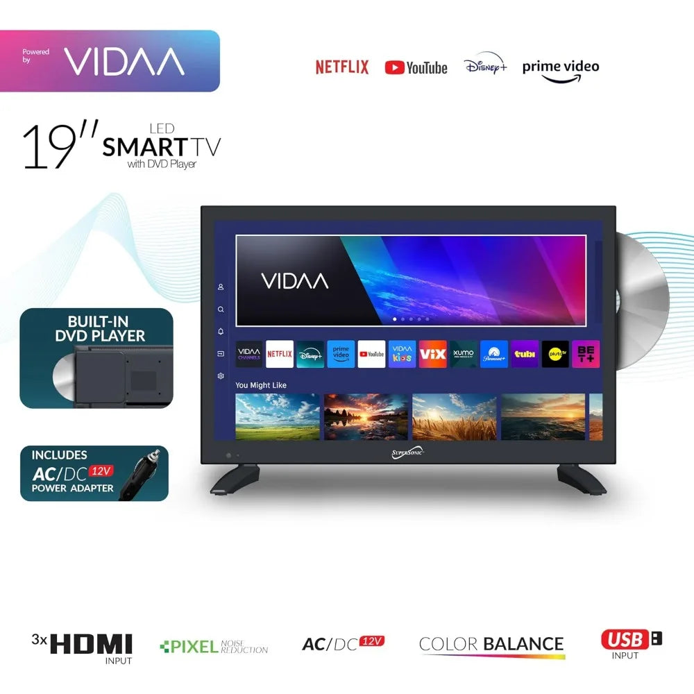 19-inch LED Smart HDTV with DVD Player, HDMI, 1080p, WiFi, USB, AC/DC Compatible for Home, Kitchen, or RV