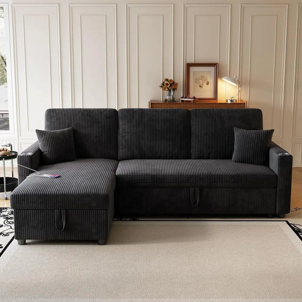 Sectional Sofa, 83 Convertible Sofa Bed with Pull Out Couches, Small Desktop, L Shaped Couch with Reversible Chaise, Cup Holder