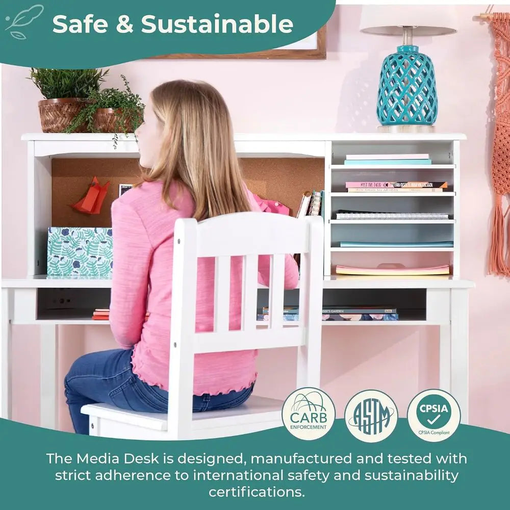 Kids Media Desk and Chair Set - White: Kids Writing Desk with Hutch and Storage Shelves, Computer Workstation with Corkboard, Wo
