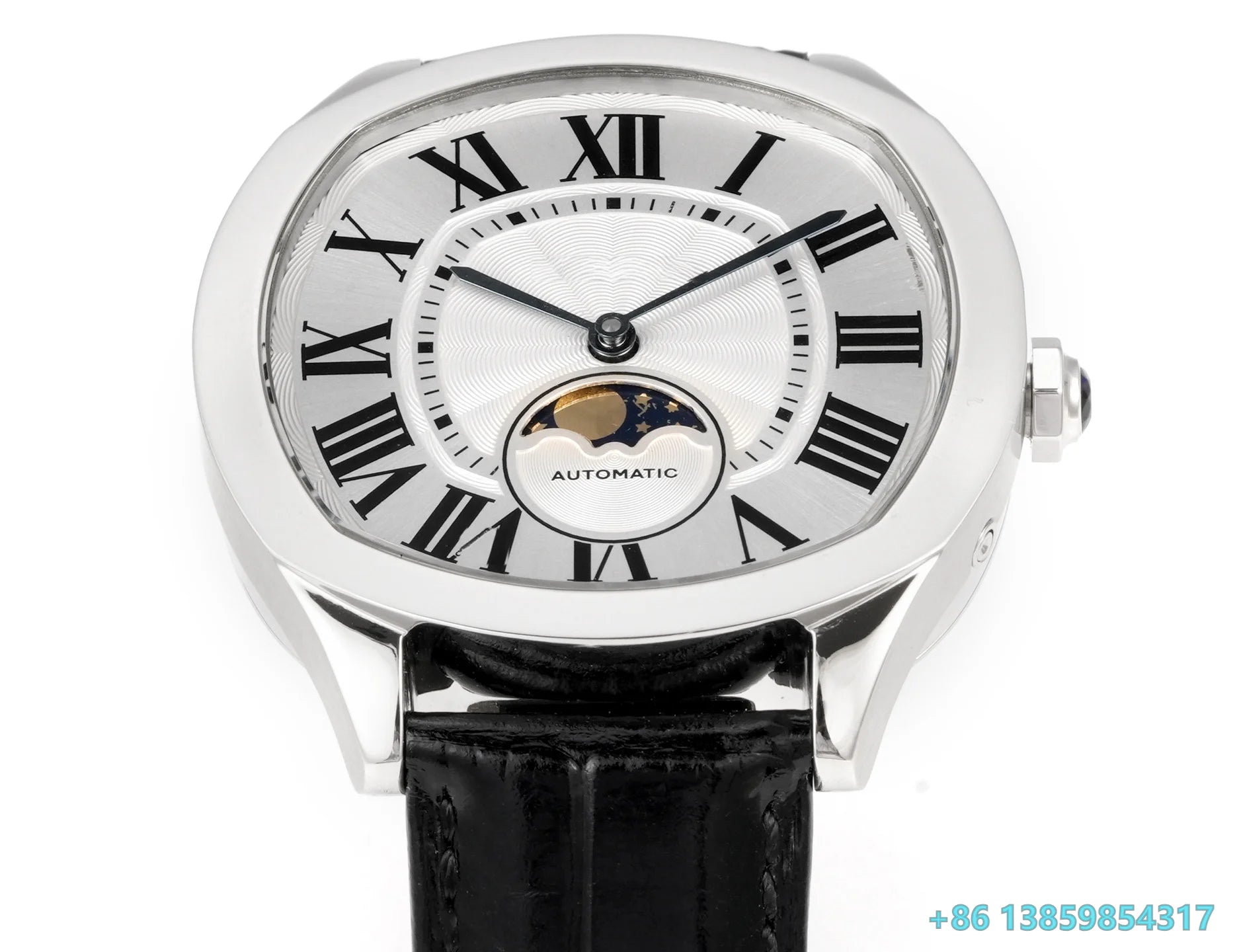 Men Automatic Self-Wind Mechanical Watch Leather Strap Stainless Steel Case Sapphire Crystal Roman Dial Moon Phase Dress Wristwatch