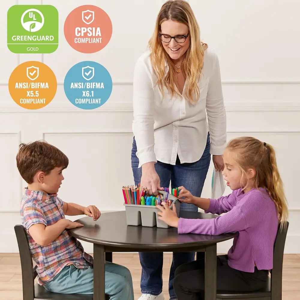 30in D Round Hardwood Table and Chair Set, 12in Seat Height, Kids urniture, Grey Wash, 3-Piece