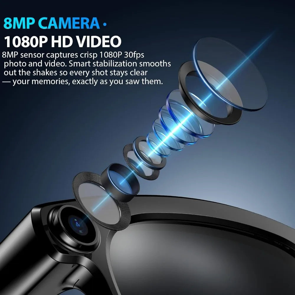 HD 1080P Glasses: 8MP Photos, Auto-Tint Lenses, Open-Ear Audio, Voice Assistant, AI, Translation, LED Privacy, IPX4