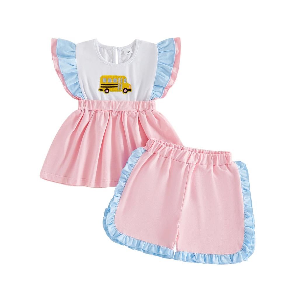 Girls Back To School Outfits School Bus Applique Flutter Sleeve Babydoll Top and Ruffled Shorts 2 Piece Summer Set - Adorable