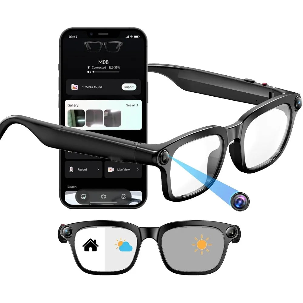 Smart Glasses 800W with Camera, AI Translator, Object Recognition, Bluetooth Audio, Photochromic Lenses, 290mAh Battery