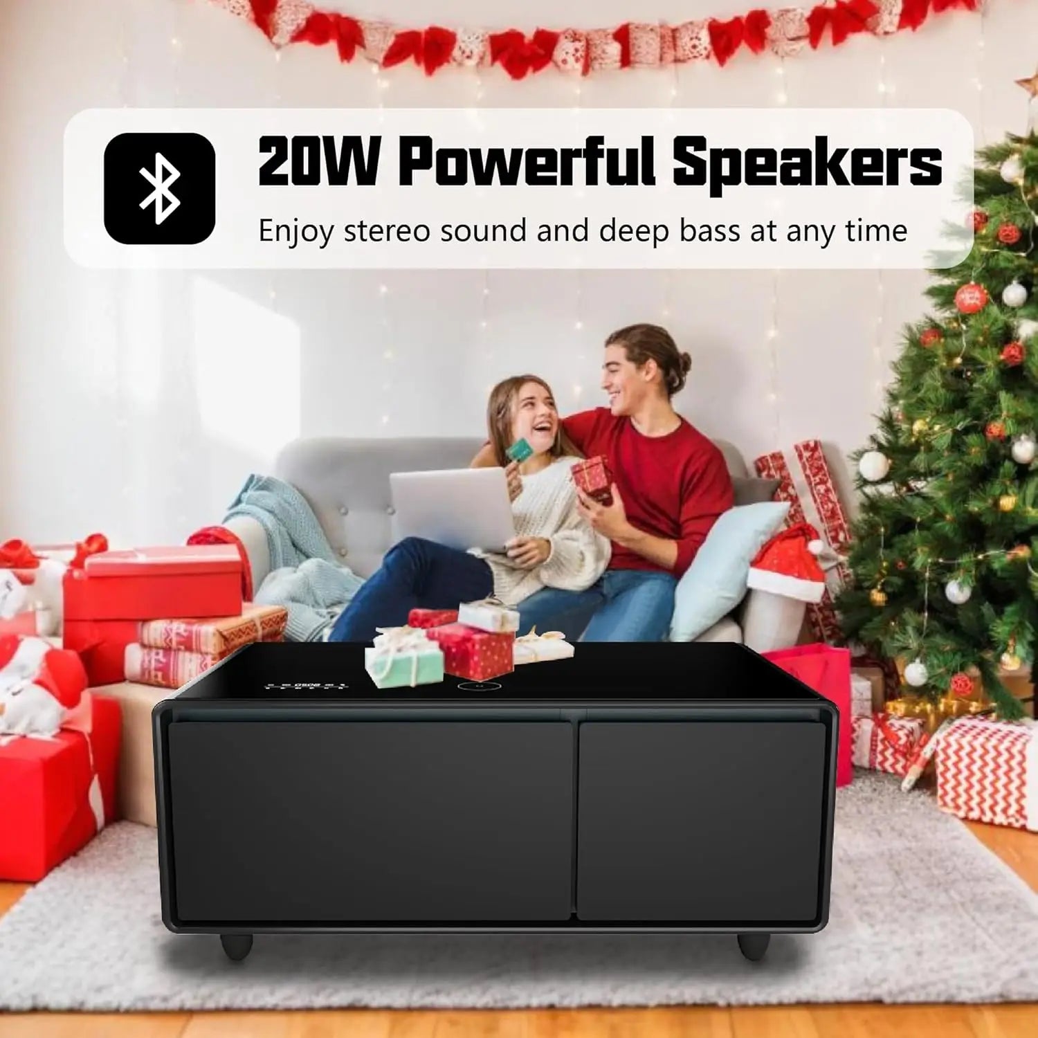 Smart Coffee Table with Built-in Fridge 15W Wireless Charging USB Ports Speakers 23"x41.5"x18.2" for Living Room, Custom