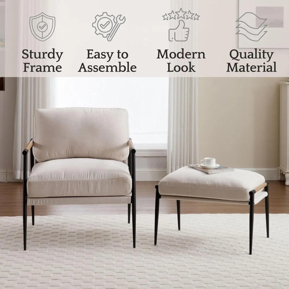 Mid-Century Chenille Accent Chair with Ottoman, Soft Living Room Chair with Metal Legs Modern Upholstered Armchair Read