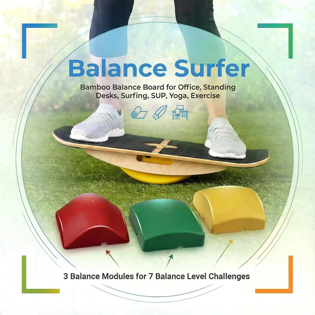 Adjustable Balance Board with 7 Levels, 25" Wide Bamboo Deck, 3 EVA Foam Modules for Surfing, Standing Desk, Yoga & Exercise