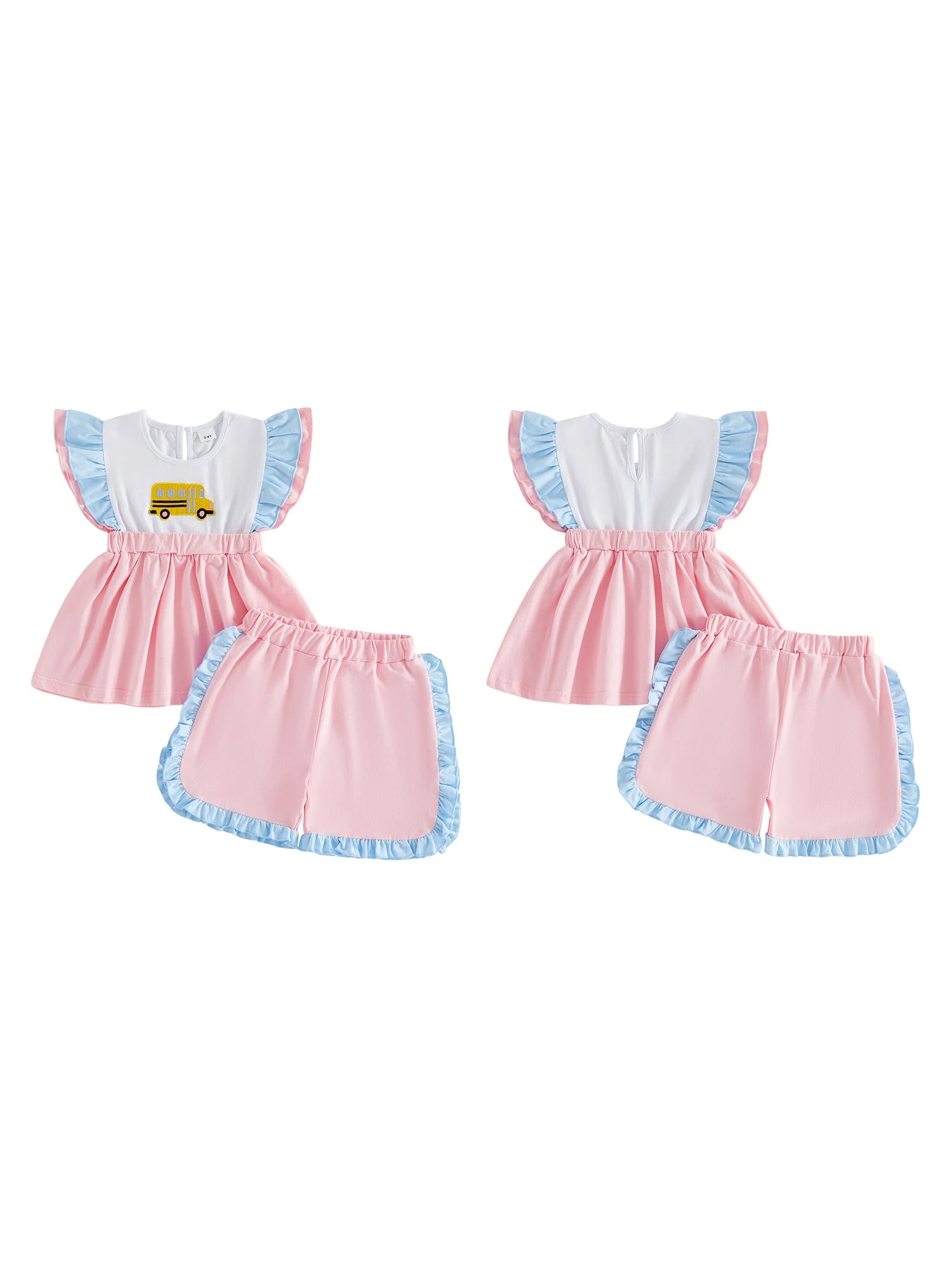 Girls Back To School Outfits School Bus Applique Flutter Sleeve Babydoll Top and Ruffled Shorts 2 Piece Summer Set - Adorable