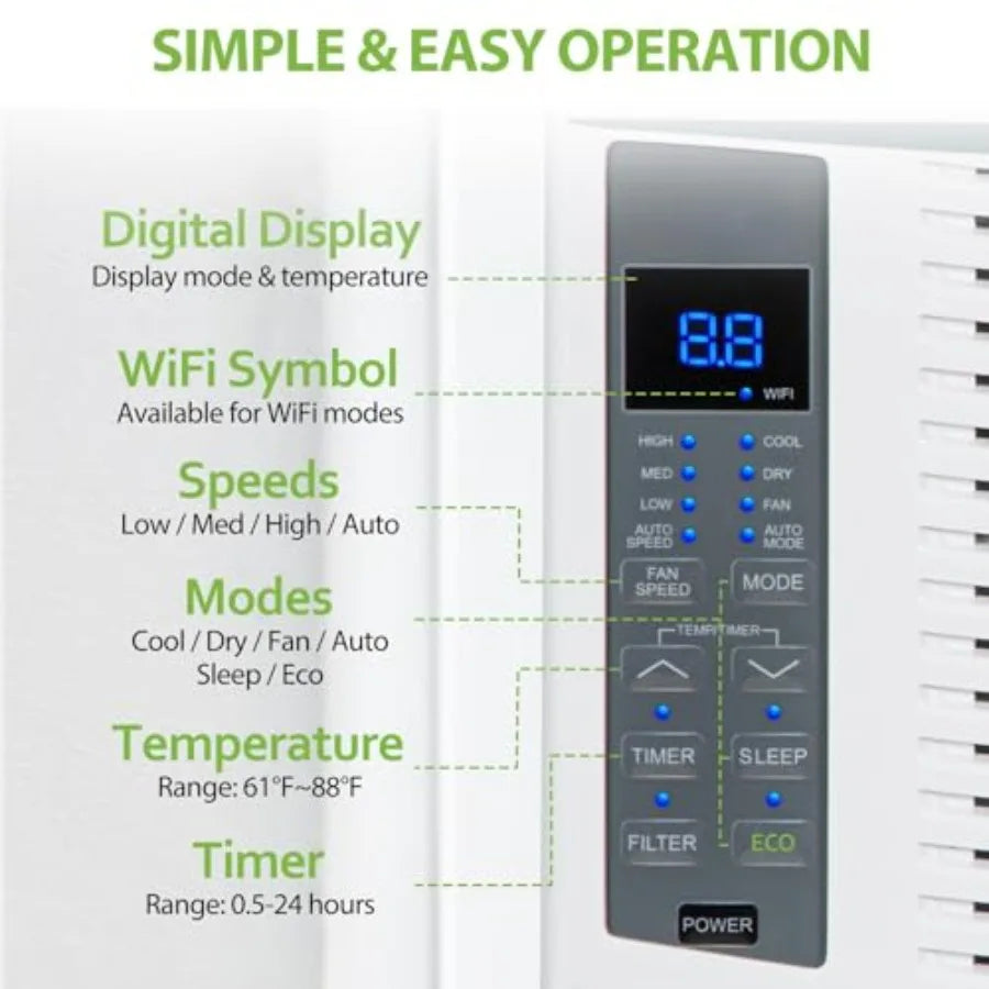 WiFi Enabled 6, 000 BTU Window Air Conditioner, Smart Window AC Unit with Remote, Energy Saving, Easy Install Kit, Cools up to
