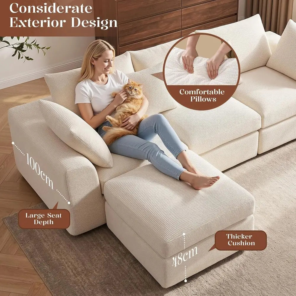 110" Cloud Sectional Couches or Living Room, L-Shaped Convertible Soa, 3-Seat ular BonelCouch with Movable Ottoman, Beige