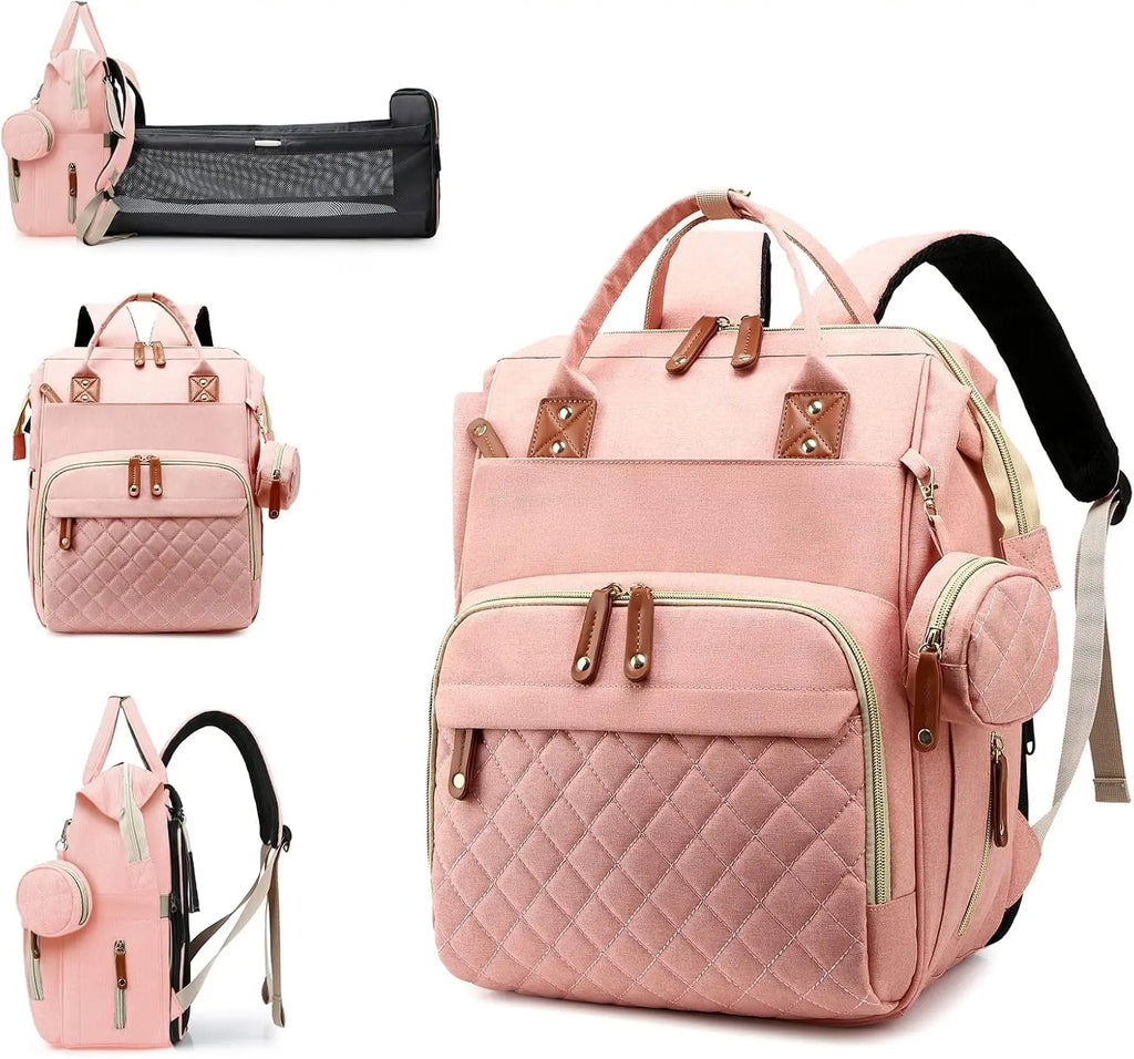 3 In 1 Waterproof Diaper Backpack With Foldable Changing Pad Large Capacity Mommy Nappy Bag Stroller Hanging Organizer Portable Outdoor Camping Hiking Road Trip Travel Baby Essentials Storage Backpack Peach Pink