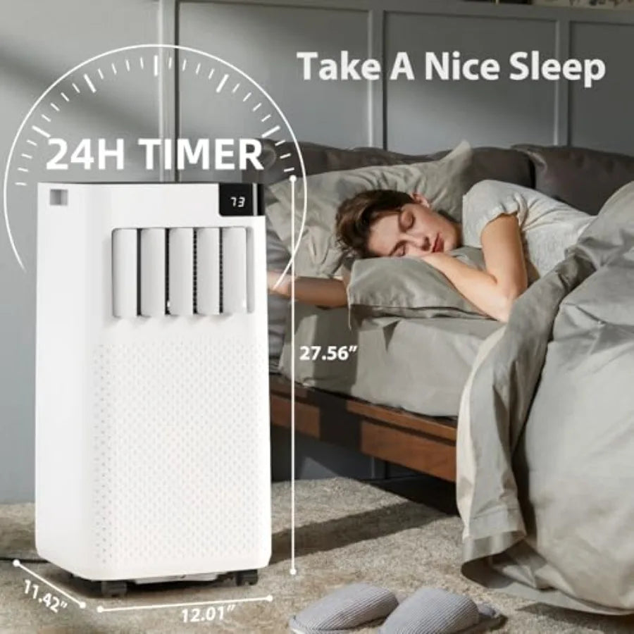 Portable Air Conditioner 10000 BTU for bedroom apartment use, white ABS plastic housing, quiet cooling with 5-in-1 modes cool/d