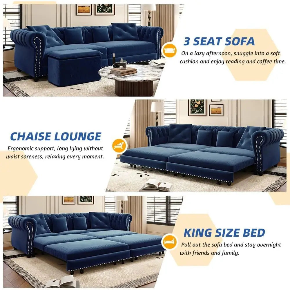 King Size 3-in-1 Convertible Sleeper Sofa with Ottoman, Button-Tufted Chesterfield Style, Ideal for Small Spaces, Blue