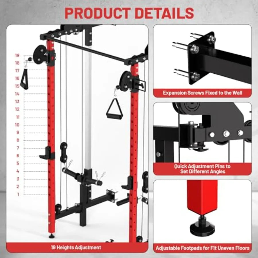 Wall Mounted Folding Squat Rack with Pulley System Pull Up Bar Red Compact Fitness Equipment for Small Spaces Garage rtment 5 A