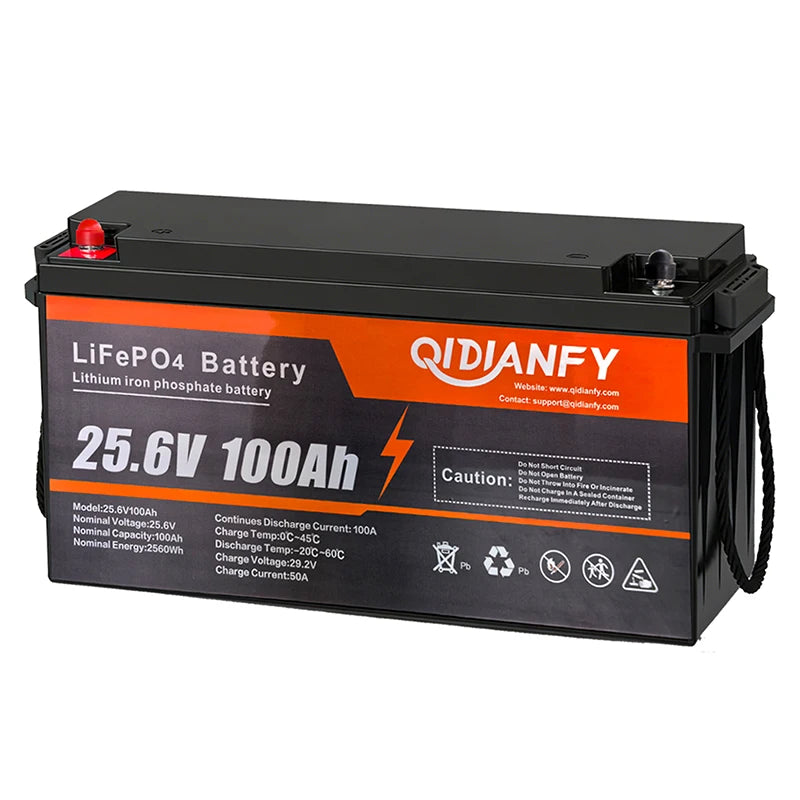Qidianfy 24V 100Ah LiFePO4 Lithium Battery with 100A BMS 2560Wh Power for Solar Off-grid Home Backup Energy Storage RV Fishing