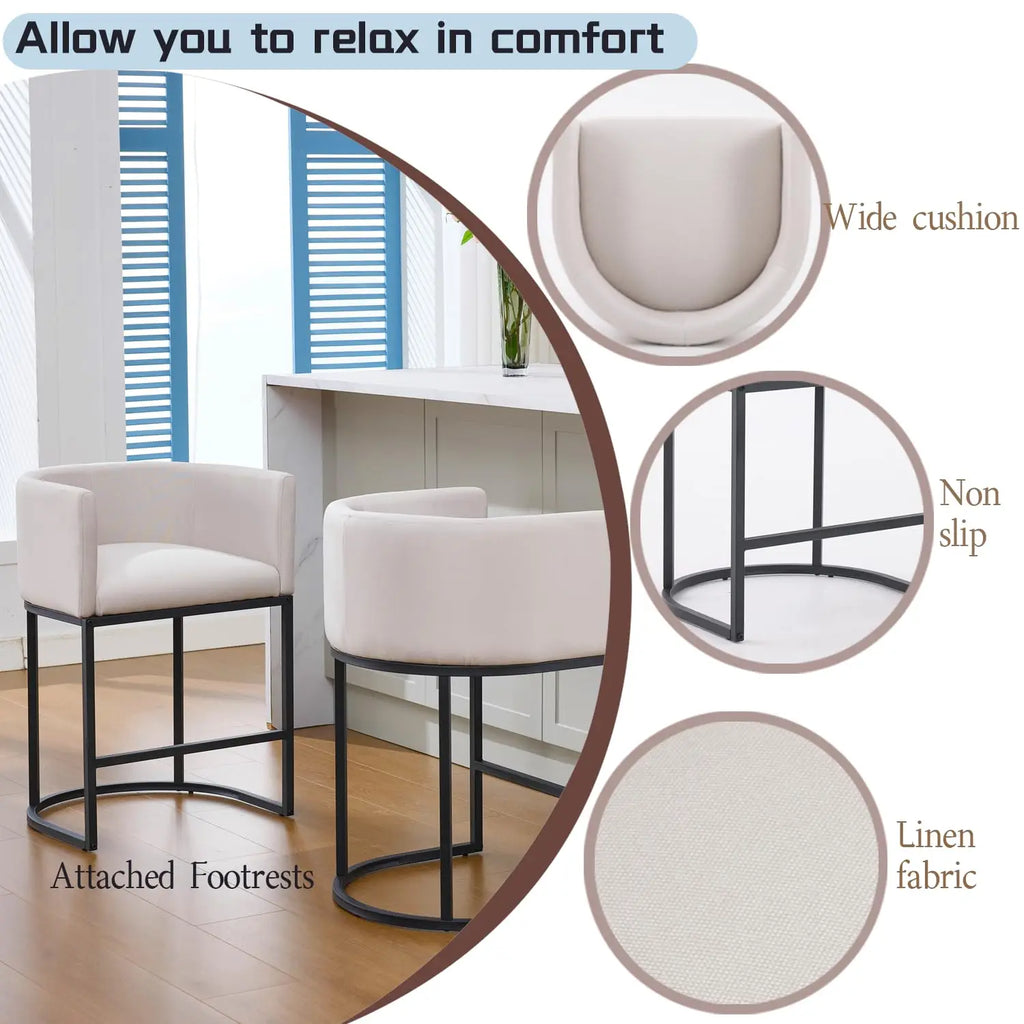 25in Counter Height Bar Stools Set of 3 with Backrest Metal Frame Linen Upholstered Kitchen Island Cafe Beige, Customized