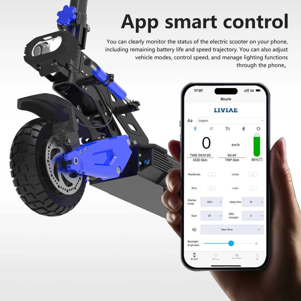 REDDYDY Offroad Electric Scooter with Smart APP 50MPH Max Speed 55Miles Long Range 5000W Peak Dual Motors 60V25Ah Battery Smart Riding 3 Modes NFC Unlocking Dual Hydraulic Disc Brakes Full Suspension 10.5" Tires for Commuting