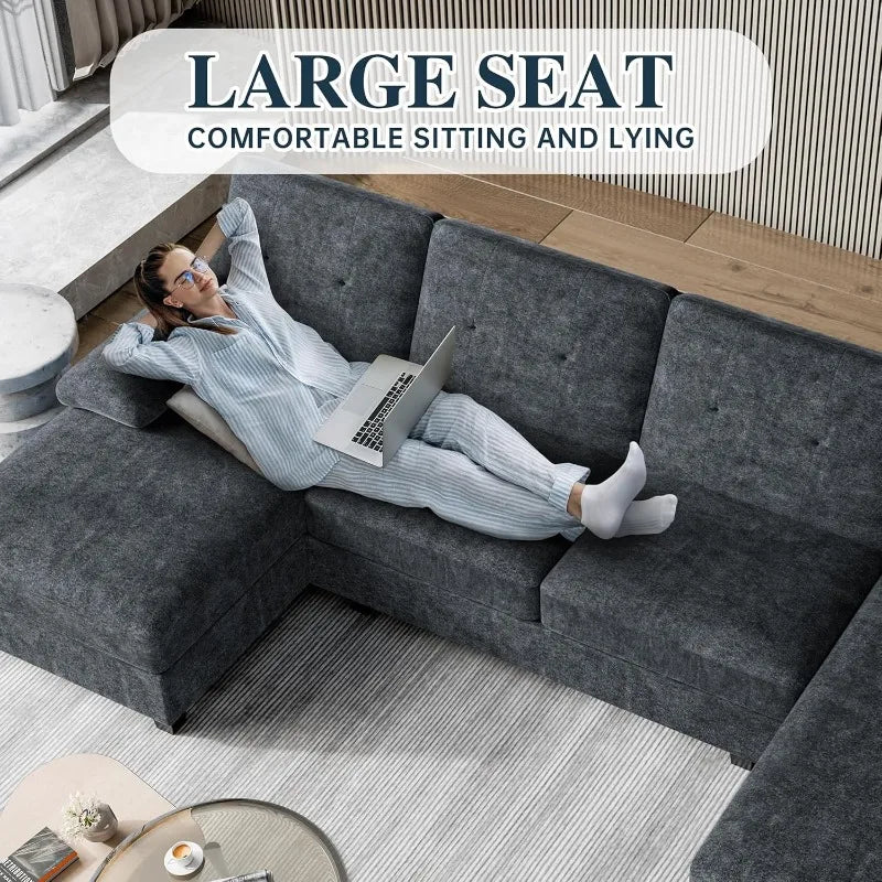 Meilocar Sectional Couches for Living Room, U Shaped Couch 4 Seat Sectional Sofa with Chaise and Armrests, Comfortable Fabric