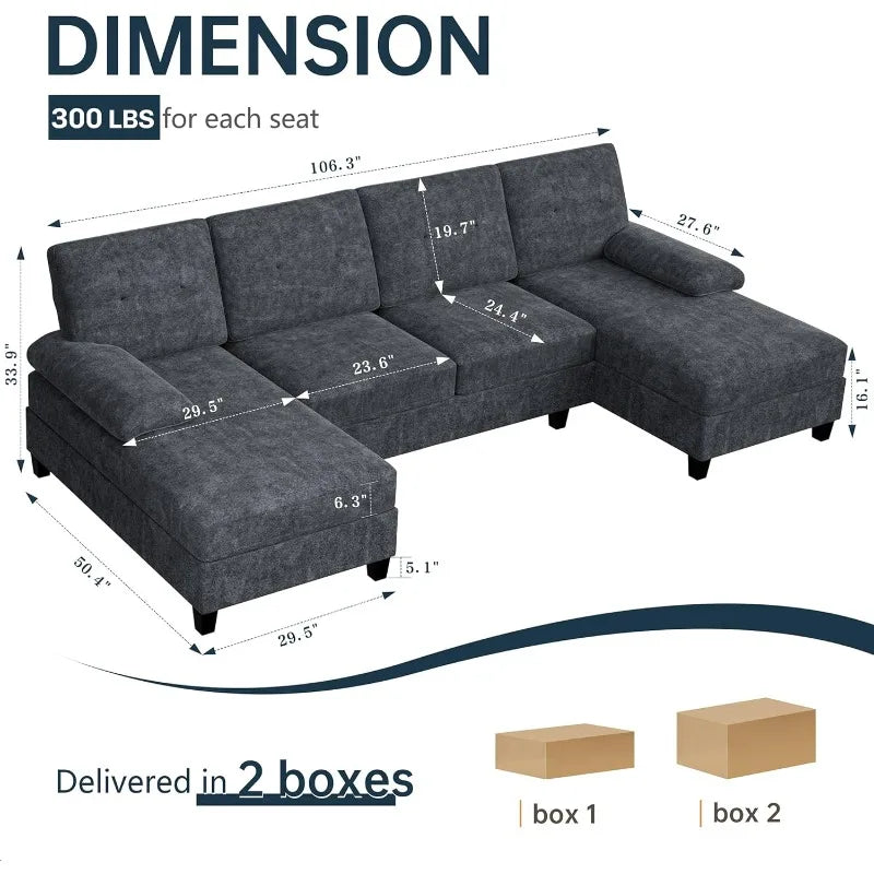 Meilocar Sectional Couches for Living Room, U Shaped Couch 4 Seat Sectional Sofa with Chaise and Armrests, Comfortable Fabric