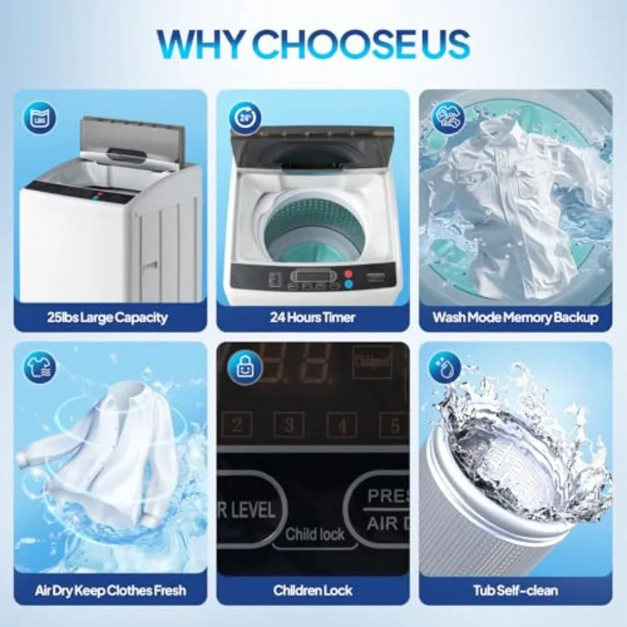 Washing Machine Full-Automatic Electric Laundry Machine with Stainless Steel Drum Compact Washer and Spin Dryer